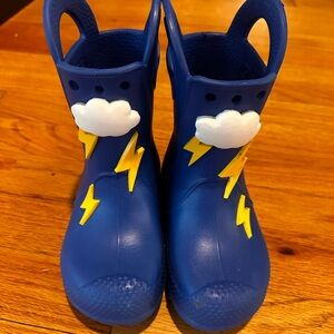CROCS Kids Blue Rain Boots with White Cloud & Yellow Lightning